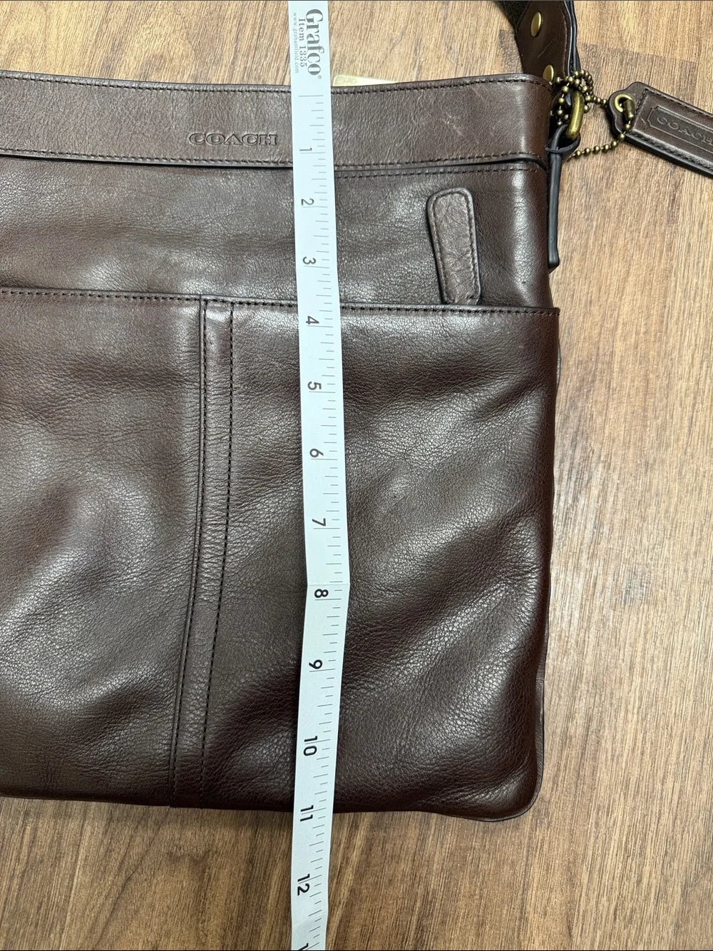 Coach Dark Brown Leather Messenger Bag with Brass Tags